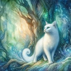 a white cat sitting on top of a tree branch