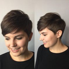 This Polished Tapered Pixie with Voluminous Texture and Side Swept Bangs on Brunette Hair is a great modern cut for someone seeking a sexy and trendy style with great versatility. This textured pixie can be worn disheveled and wavy, or polished with a blowout or use a flatiron for a sleek style. Its a great style to easily take you from work to play. Styling tips for this textured, tapered pixie and other similar short hairstyles and hair color ideas can be found at Hairstyle Brunette Pixie, Pixie Haircut Styles, Rambut Brunette, Pixie Cut With Bangs, Swept Bangs, Short Human Hair Wigs, Side Swept Bangs, Latest Short Hairstyles, Side Swept