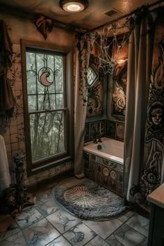 a bathroom with a tub, sink and window covered in spider webs on the walls