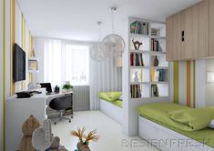 a room with a bed, desk and bookshelf