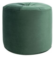 a large green velvet ottoman with buttons on the top and bottom, in front of a white background