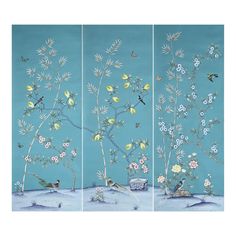 three panels with birds and flowers in the snow, one is painted on a blue background