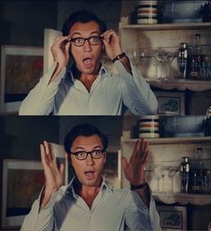 two pictures of a man in glasses making funny faces and holding his hands up to his ears