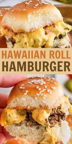 this hawaiian roll hamburger is loaded with cheese, meat and other ingredients to make it the best sandwich ever