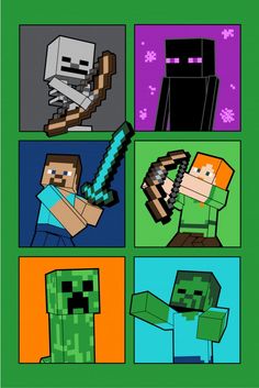 four different minecraft characters, one with a knife and the other with an arm