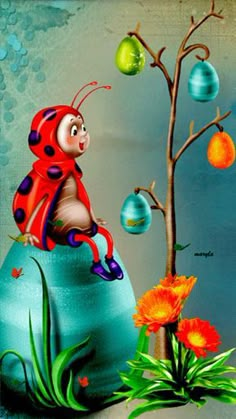 a ladybug sitting on top of a blue vase next to an orange flower