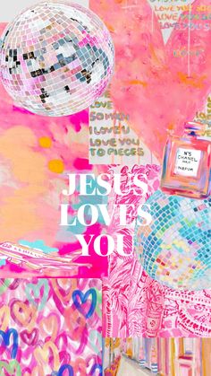 a collage of pink, yellow and blue images with the words jesus loves you