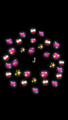 the letter j is surrounded by many different shapes and sizes, including hearts with stars on them