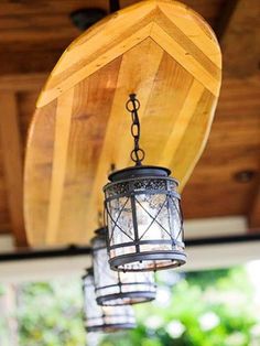 an outdoor light fixture hanging from the ceiling