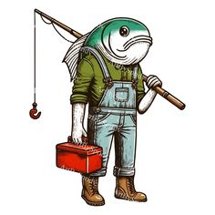 a cartoon fish holding a fishing rod and a red box