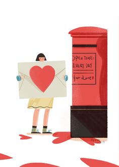 an illustration of a person holding a heart in front of a mailbox with the message open time every day for love