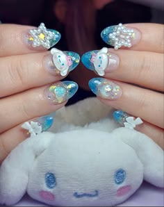 cinamoroll, cinnamon roll, sanrio, hello kitty, almond shape, round shape, nails, star, bows, blue nails, kawaii Short Kawaii Nails, Cinnamon Roll Nails, Hello Kitty Cinnamon Roll, Cinnamoroll Nails, Sanrio Nail Art, Rocker Nails, Acrylic Nails Pink, Nails Girly, Jade Nails