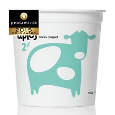 a yogurt cup with a cow on it's face and the words, 2 1 / 2 greek yogurt