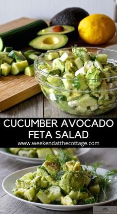 cucumber avocado feta salad in a glass bowl