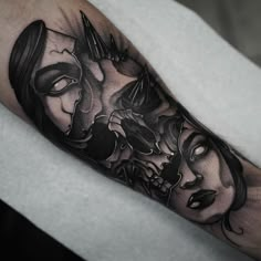 a woman's face with two birds on her arm