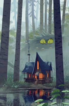 an image of a house in the woods with eyes drawn on it's face