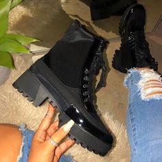 Lug Sole Combat Boot Black Combat Boots Outfit, White Gogo Boots, Combat Boot Outfit, Clothes Reference, Lug Sole Boots, Women Heels, Trendy Sandals, Black Combat Boots, Lace Up Combat Boots