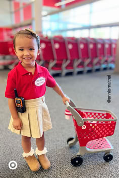 Get your little ones dressed as a Target store manager. Put together a cute costume for them—beige skort, a red polo & boots. Don’t forget the walkie & their mini carts for all their floor rounds. Target Halloween Costume, Target Employee Costume, Target Costume, Halloween Costume Toddler Girl, Target Store, Polo Boots, Toddler Girl Halloween, Target Halloween, Target Kids