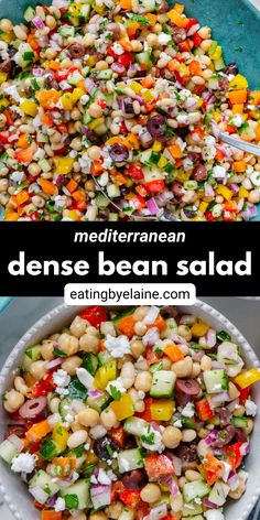 Two photos of Mediterranean dense bean salad. Meatless Meals With Beans, Mix Bean Salad, Chunky Salad Recipe, Healthy Meal High Protein, Italian Dense Bean Salad, Healthy Bean Salad Clean Eating, Really Good Salads, Mixed Beans Salad, Mediterranean Diet Recipes High Protein