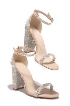 a pair of women's high heeled sandal with crystal embellishment