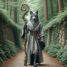 a man dressed as a wolf with a staff walking down a path in the woods