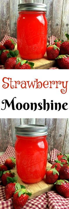 two jars filled with strawberry jam sitting on top of a wooden table next to strawberries