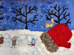 a painting with people and animals in the snow next to trees on a blue background