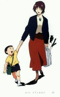 a woman holding the hand of a small boy