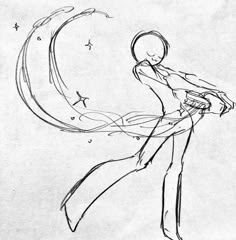 a black and white drawing of a person holding an object in the air with stars around it