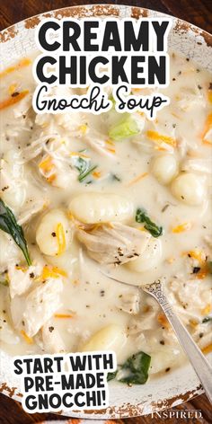 creamy chicken gnocchi soup in a white bowl with a spoon