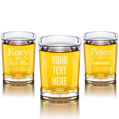 three shot glasses with personalized names on them