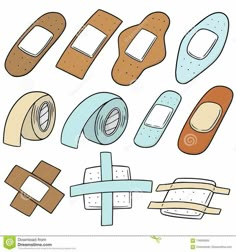 various types of bandages and tape on white background