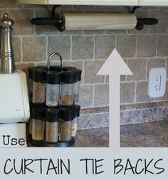 a kitchen counter with an arrow pointing to the right and bottom of the image that says, use curtain tie backs