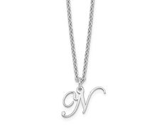 Rhodium over sterling silver polished finish letter "N" initial necklace with 18-inch long cable chain and lobster claw clasp. Pendant measures approximately 7/16"L x 3/8"W. N Necklace Letter, N Initial Necklace, N Necklace, N Initial, Fall Wishlist, Letter N, Initial Necklace, Cute Jewelry, Christmas List