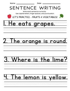 sentence writing worksheet with the words in english and spanish, including an apple