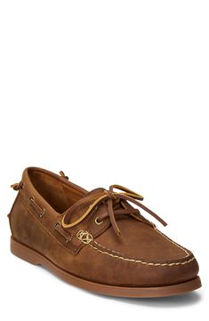 This classic moc-toe boat shoe is crafted from tumbled leather and outfitted with a reinforced heel. Lace-up style Cushioned footbed Leather upper and lining/rubber sole Imported Removable insole Driver Shoes, Leather Boat Shoes, Polo Classic, Boat Shoe, Polo Ralph Lauren Mens, Boat Shoes, Saddle, John Lewis, Polo Ralph