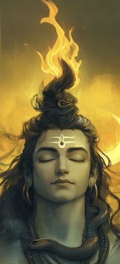 the face of lord rama with fire coming out of his forehead and eyes closed, in front of a cloudy sky