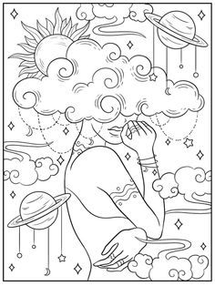 a black and white drawing of a woman with clouds in the sky above her head