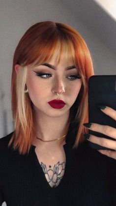 Chunky Hair Dye, Peaches And Cream Hair, Black And Color Hair, Copper Sombre, Copper Underneath Hair, Copper And Black Hair, Anime Bangs, Copper Blonde Hair Color, Color Block Hair