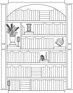 a black and white drawing of a bookshelf with many shelves full of books