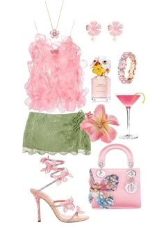 Pink top, green skirt, dior bag, pink flower shoes, pink cocktail, pink jewelry Pink Flower Outfit Aesthetic, Pink Flower Outfit, Pink And Green Aesthetic Outfits, Pink And Silver Outfit, Pink And Green Outfits, Green And Pink Outfit, Pink And Green Outfit, Pink Summer Outfits, 2000s Fashion Inspiration