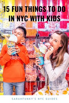 two children eating ice cream at the candy store with text overlay that reads 15 fun things to do in nyc with kids