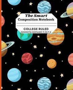 the smart composition notebook college rules for students with planets and stars on black background, includes an orange border