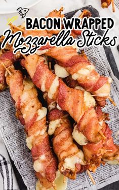 bacon wrapped mozzarella sticks on a plate with the words super simple bacon wrapped mozzarella sticks so easy to make