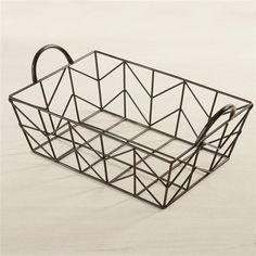 a black wire basket with handles on a white background