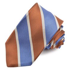 Cognac, French Blue, and Latte Faille Mounted Bar Stripe Woven Jacquard Silk Tie by Dion Neckwear French Blue, Silk Ties, Pure Silk, Cognac, 1 2 3, Color Combinations, Quality Fabric, Hand Crafted, Sense