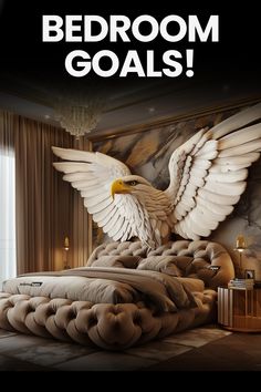 an eagle statue sitting on top of a bed with the words bedroom goals above it