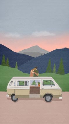 a painting of a man standing on the roof of a van with mountains in the background