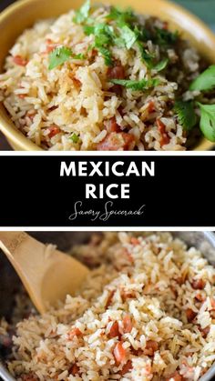 mexican rice in a bowl with a wooden spoon and the words, how to make mexican rice