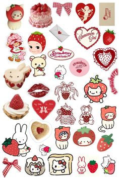 many different types of stickers are arranged on a white surface, including strawberrys and hearts